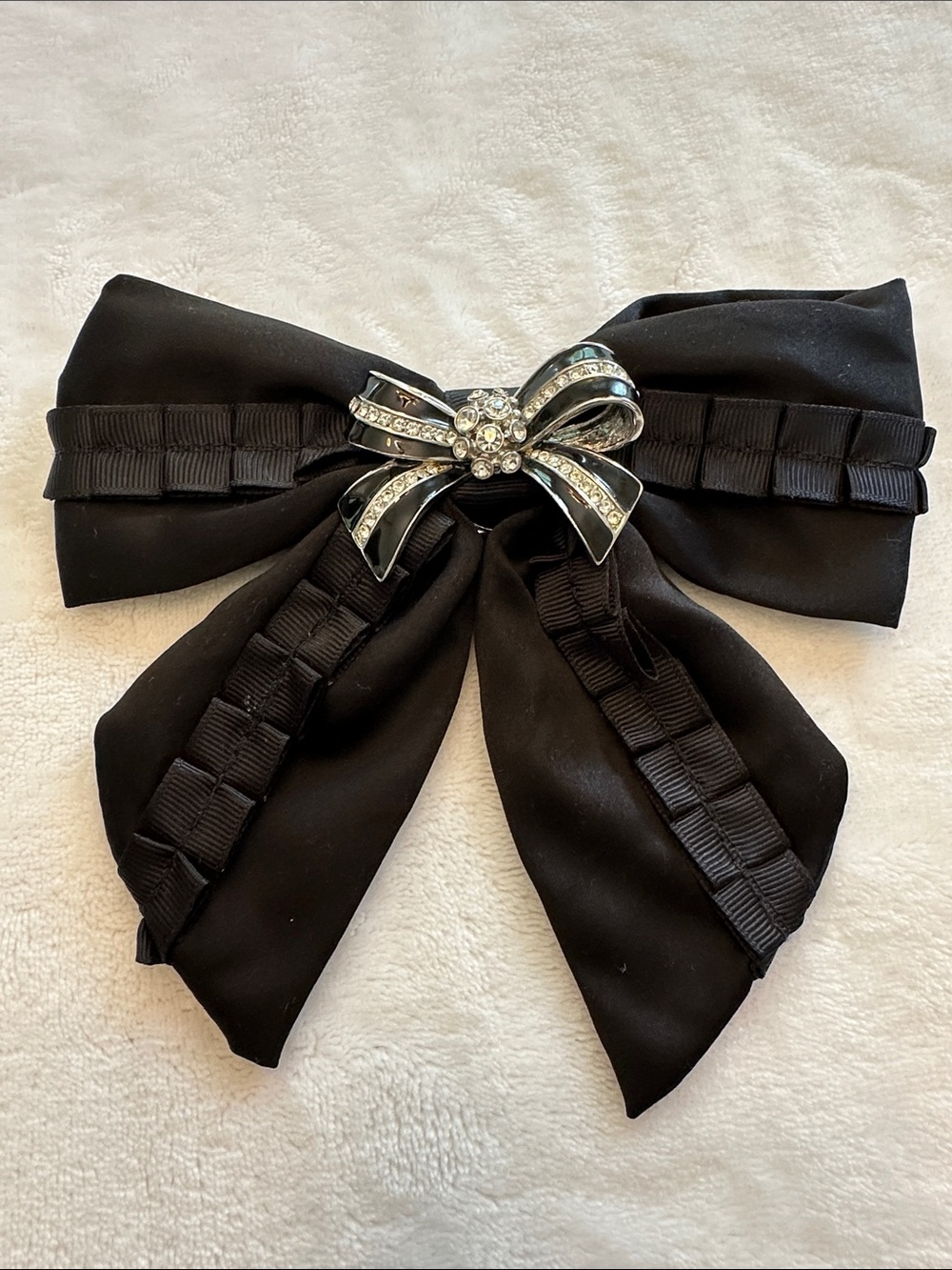 White House Black Market Black Bow Hair Clip with Rhinestone Brooch